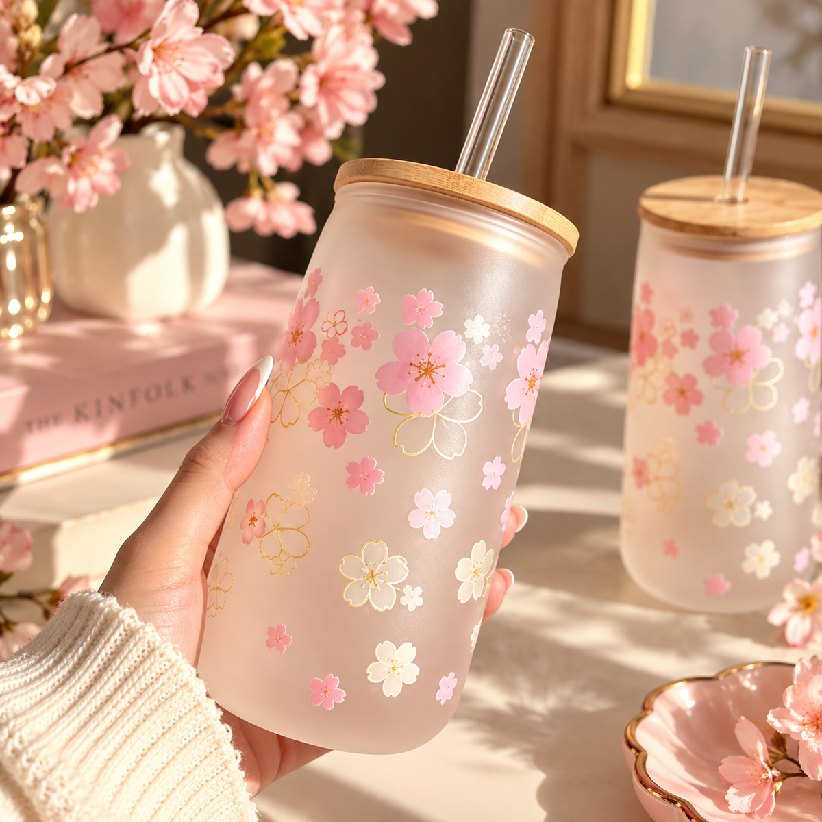Pink Floral Glass Tumbler with Lid & Straw – Aesthetic Flower Design