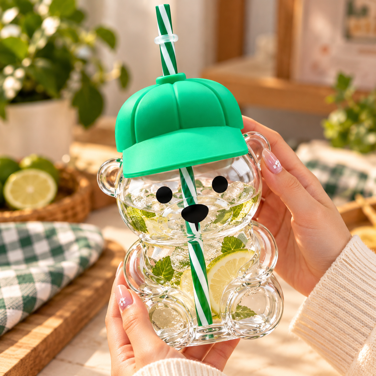 Cute Bear Shape Glass Cup with Green Hat Lid & Reusable Straw