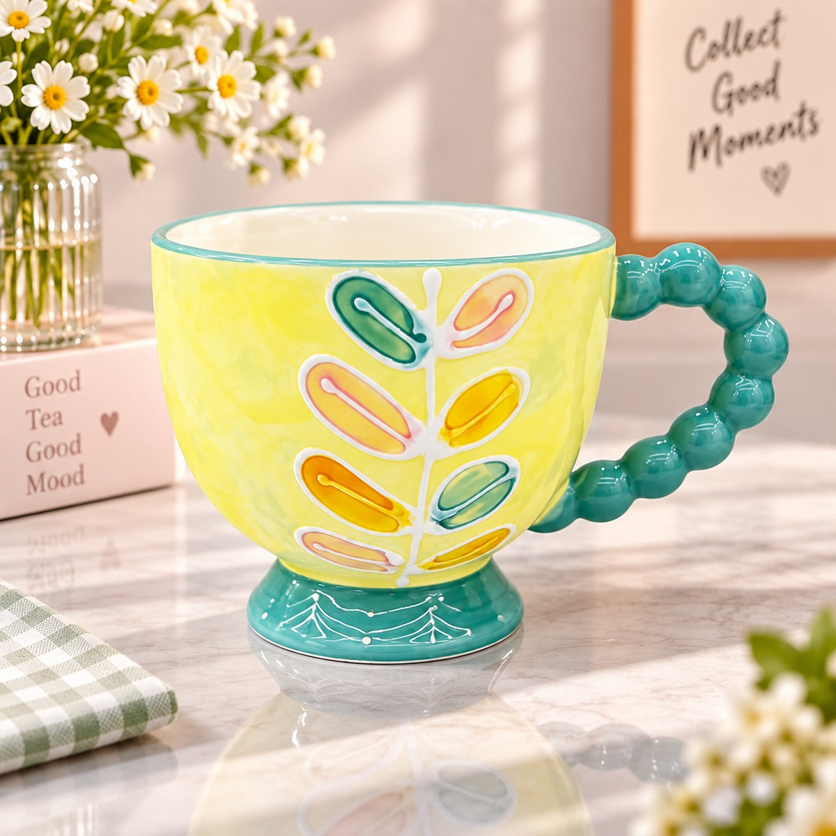 Aesthetic Floral Ceramic Mug with Beaded Handle | Hand Painted
