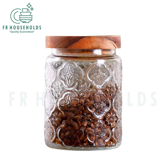 Vintage Pattern Glass Airlock Jar with Wooden Lid - 750ml - 24OZ | Round