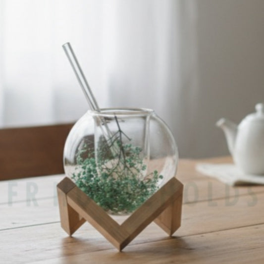 250ml Globe Shape Iced Tea Glass with Wooden Stand – Elegant & Aesthetic Drinkware