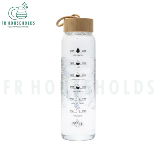 1200ml Glass Water Bottle with Time Markings & Bamboo Lid – Motivational Hydration Tracker