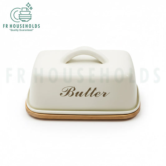 Metallic Airtight Butter Dish with Wooden Base – Stylish & Functional Kitchen Storage