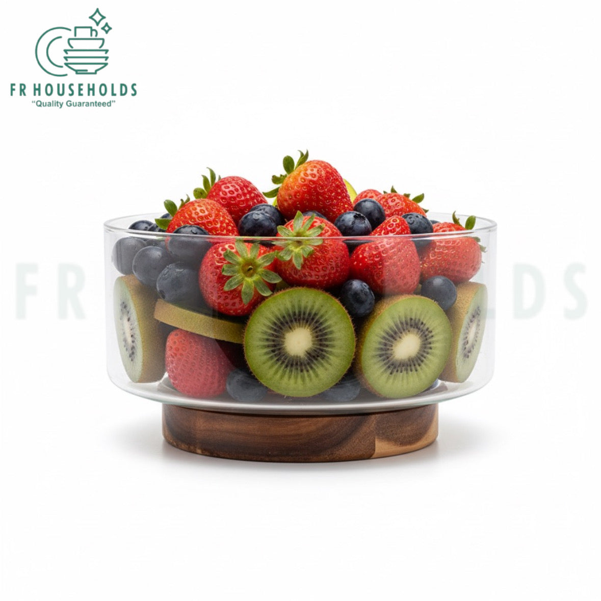 Wooden Base Glass Fruit Bowl – Elegant & Modern Kitchen Décor