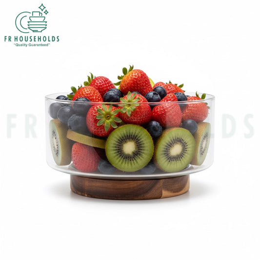 Wooden Base Glass Fruit Bowl – Elegant & Modern Kitchen Décor
