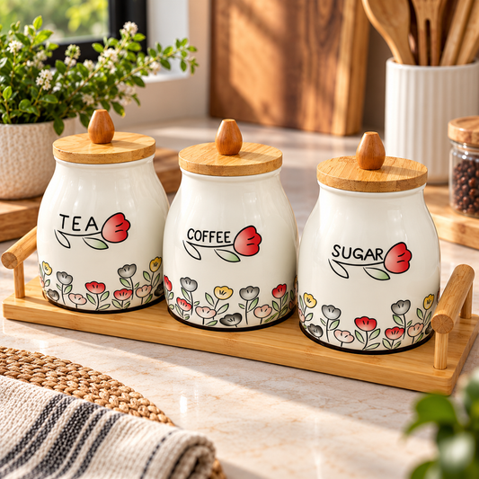 3-Piece Floral Ceramic Kitchen Storage Canister Set with Wooden Tray & Bamboo Lids