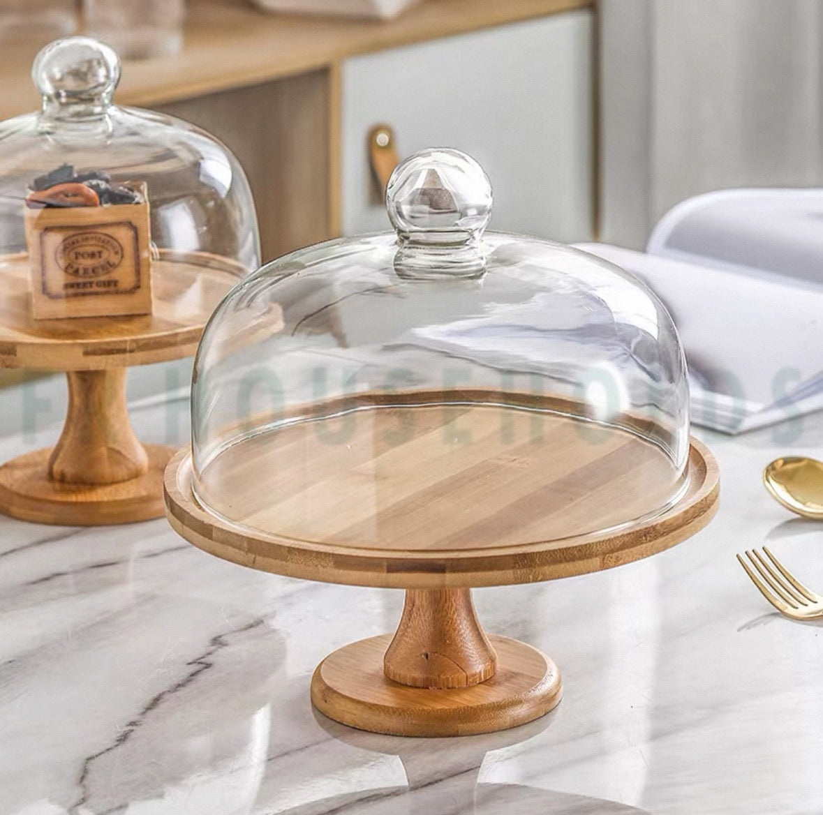 Wooden Revolving Cake Stand with Glass Dome