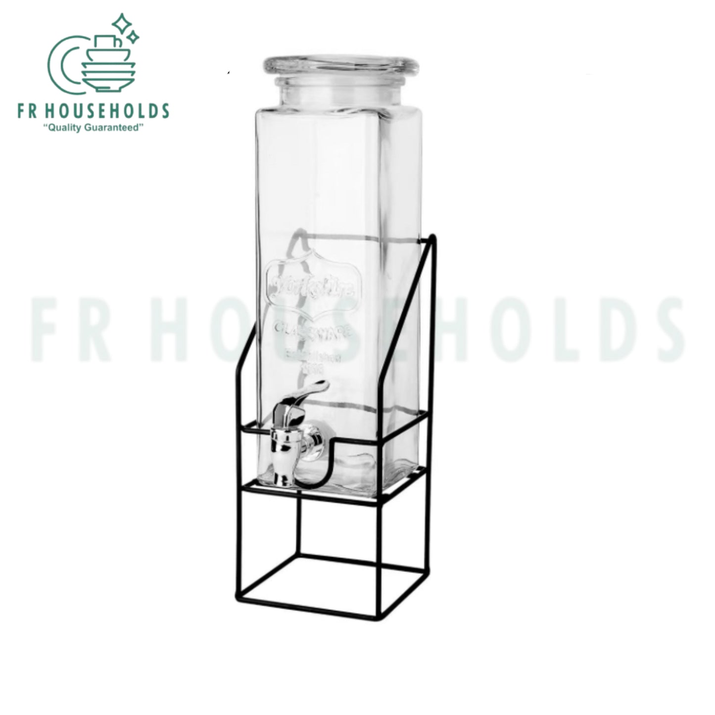 Beverage Dispenser with Metallic Stand | Glass Drink Dispenser for Juice, Water, Lemonade, Iced Tea & Cocktails