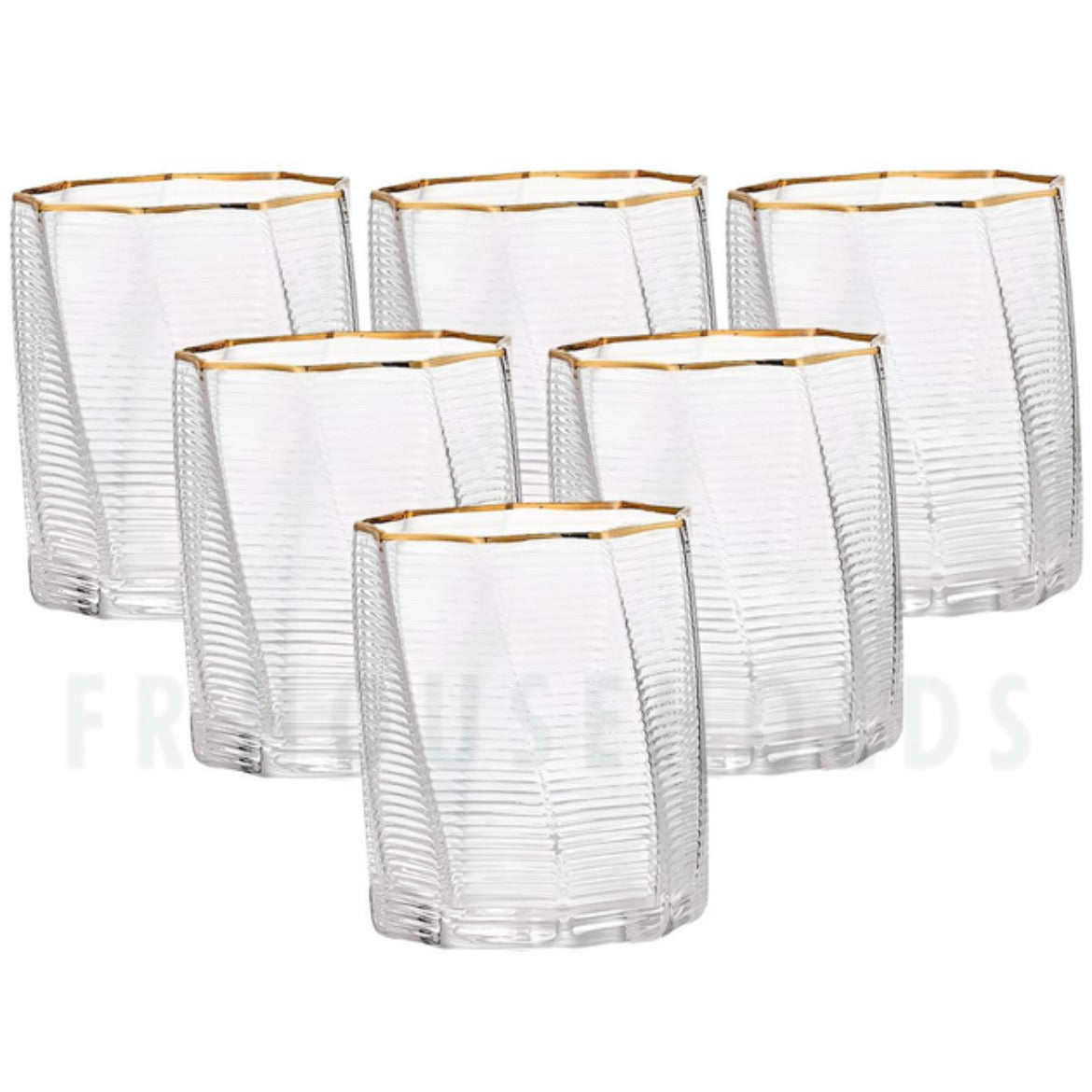 Horizontally Ribbed Drink Glass with Gold Rim | 300ml - 10OZ