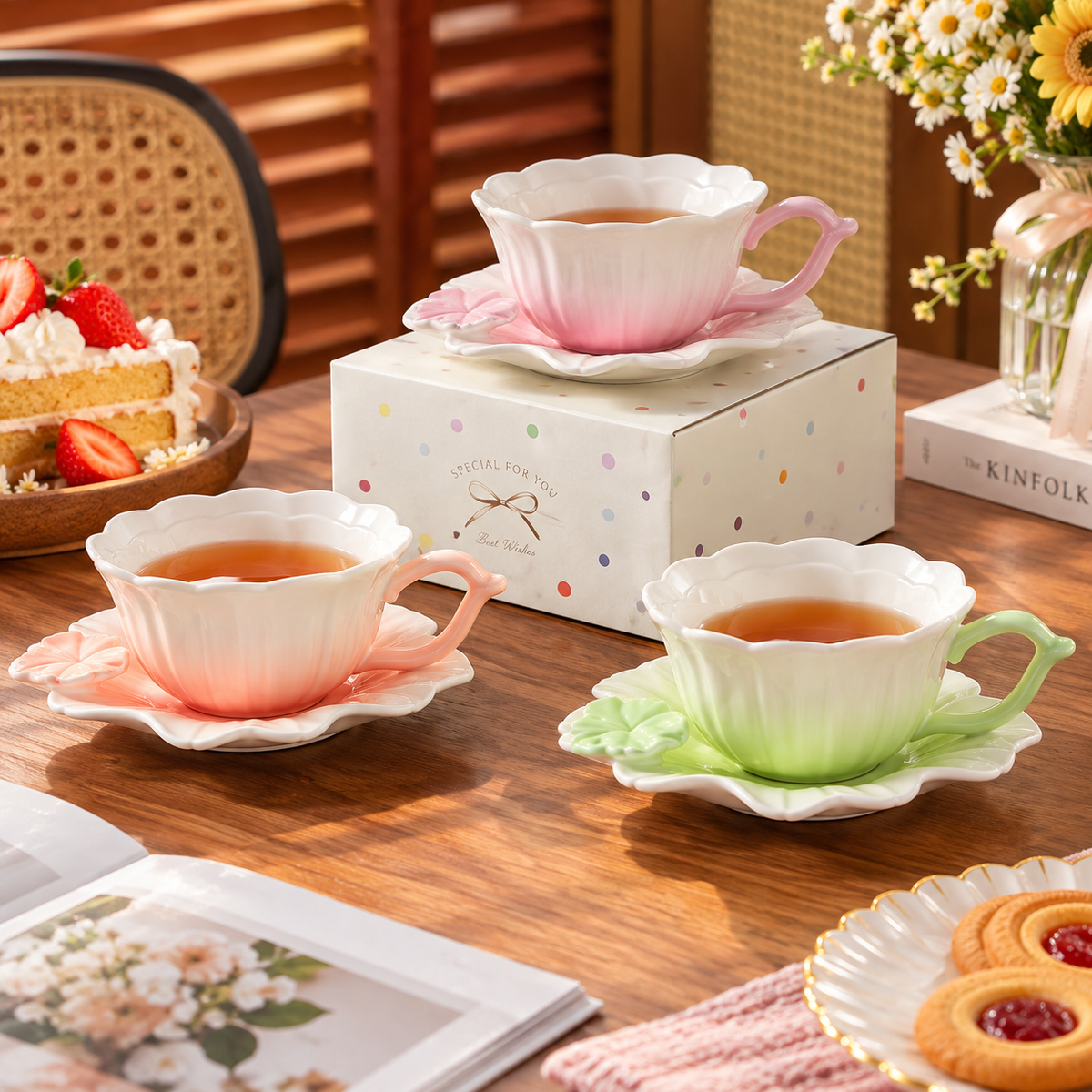 Flower Shaped Ceramic Tea Cup and Saucer – Different Colours | 1cup + 1saucer