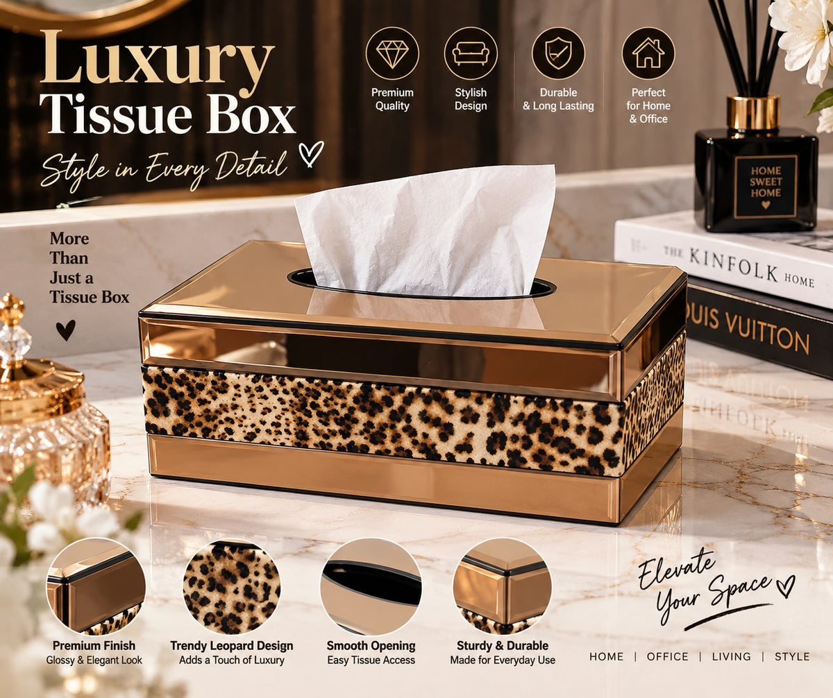Luxury Leopard Print Tissue Box with Gold Finish