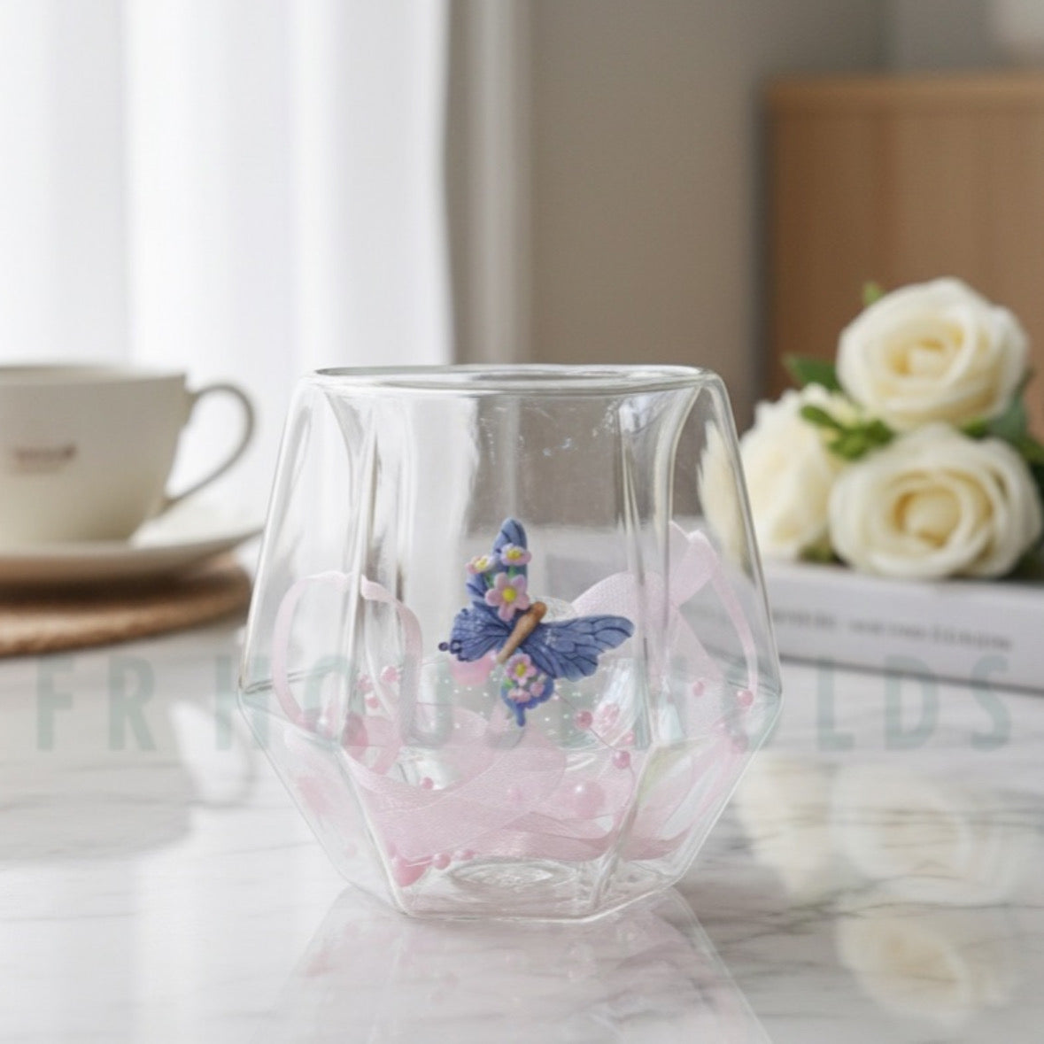 Double Wall Dried Ribbon Glass with Embossed Butterfly - 250ml