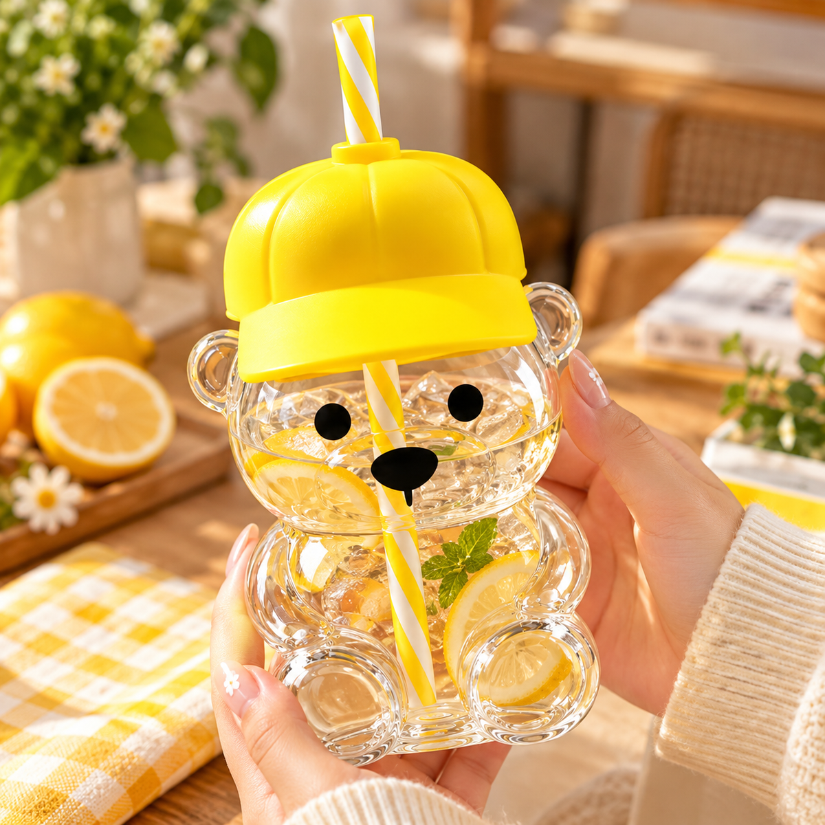 Cute Bear Shape Glass Cup with Hat Lid & Reusable Straw