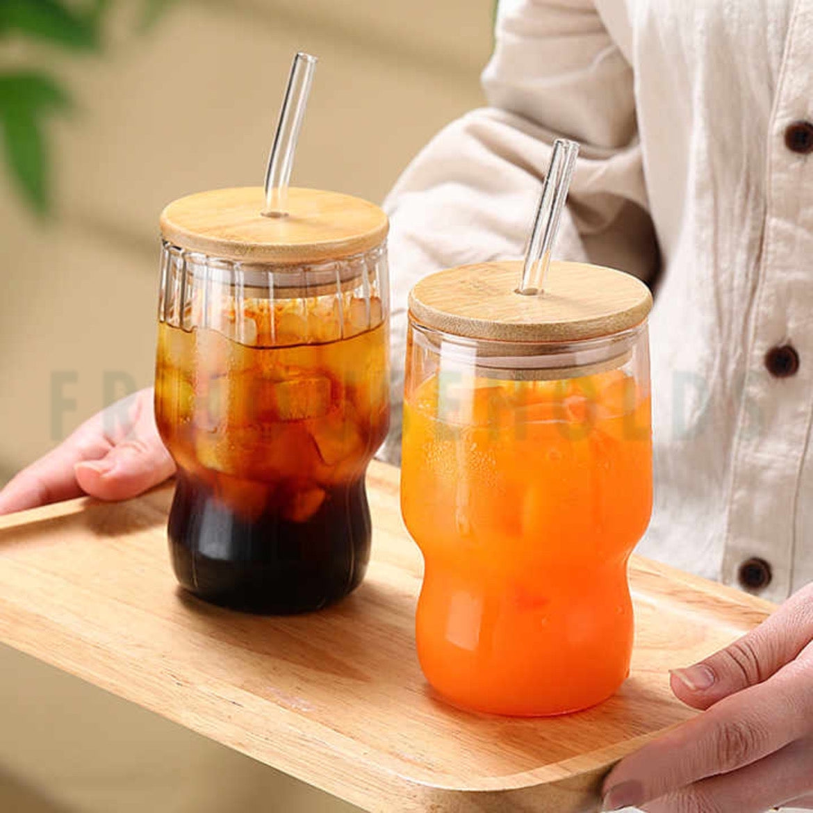 Ribbed And Plain Transparent Drinking Glass Tumbler with Bamboo Lid And Glass Straw | 400ml