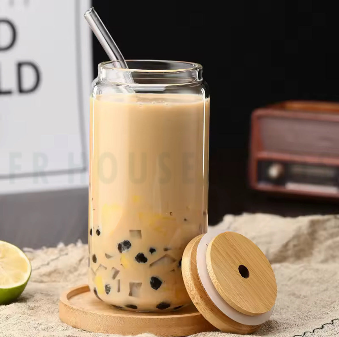 550ml Can Shape Iced Glass with Bamboo Lid & Glass Straw – Aesthetic & Eco-Friendly Drinkware | 1pc