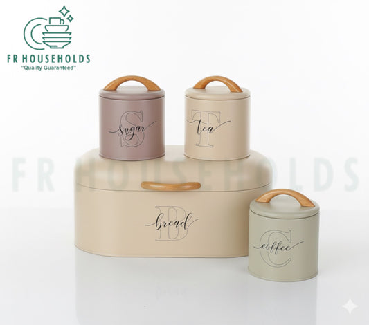 Italian Style 4pcs Stylish Bread, Tea, Sugar & Coffee Airtight Tin Canisters Set By FR Households