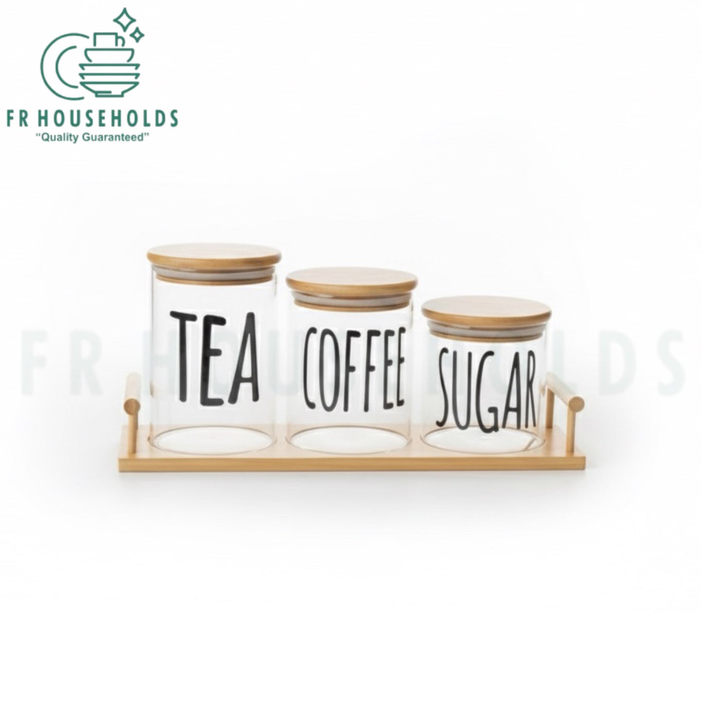 3pcs Airtight Round Glass Jars Set for Tea, Coffee & Sugar with Bamboo Lids and Stand - 1000g Jar | 1000g - 750g & 500g