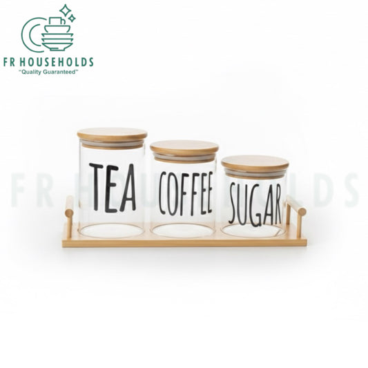3pcs Airtight Round Glass Jars Set for Tea, Coffee & Sugar with Bamboo Lids and Stand - 1000g Jar | 1000g - 750g & 500g
