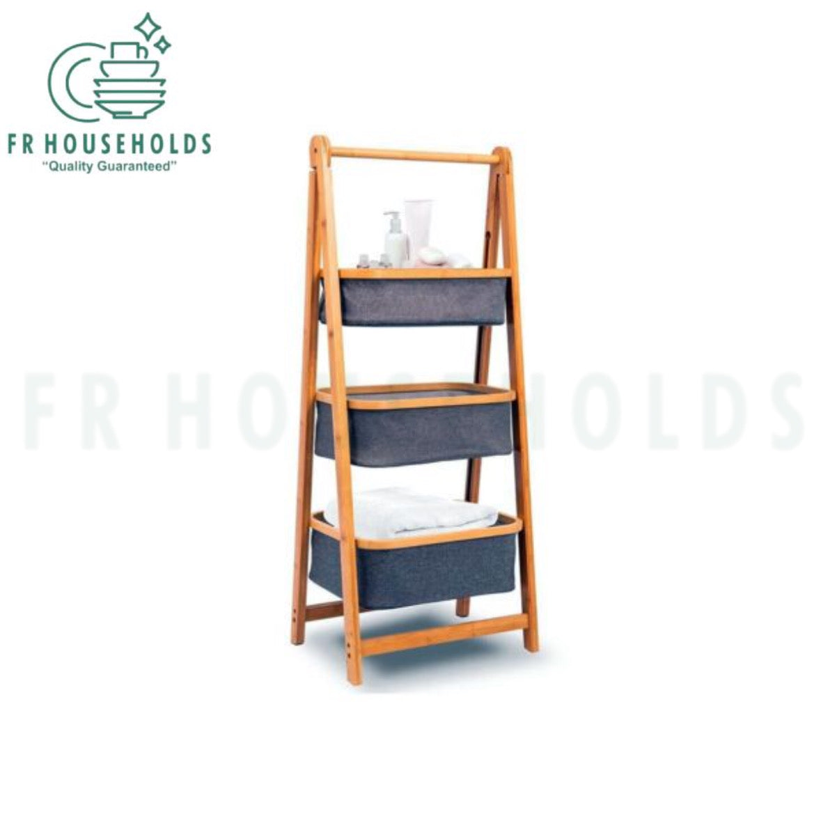 3-Tier Bamboo & Fabric Ladder Storage Caddy – Modern Organization Rack