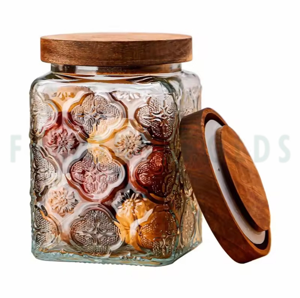 Vintage Pattern Glass Airlock Jar with Wooden Lid - 750ml - 24OZ | Square