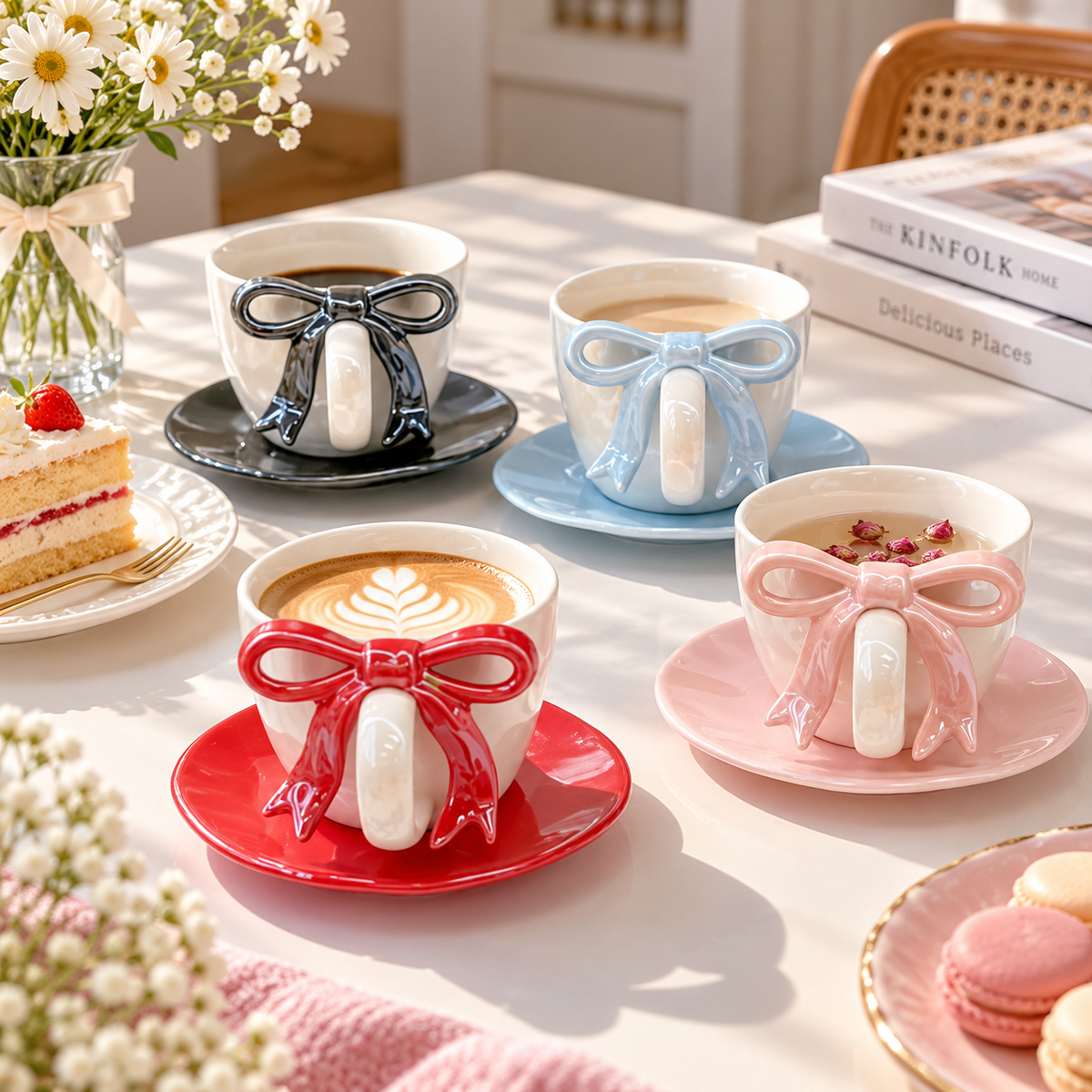 Bow Design Ceramic Tea Cup and Saucer – Available in Different Colours