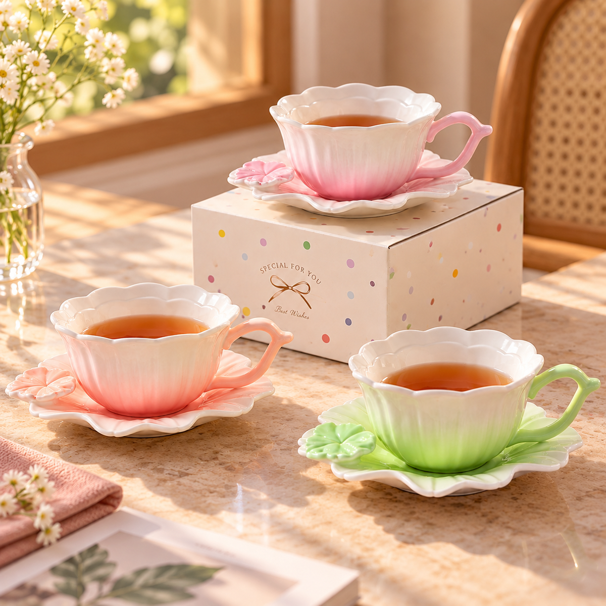 Flower Shaped Ceramic Tea Cup and Saucer – Different Colours | 1cup + 1saucer