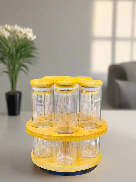 Cylinder Shape Glass Jars Condiments Organiser Stand | 5 Airlock Jars - 1 Wooden Stand
