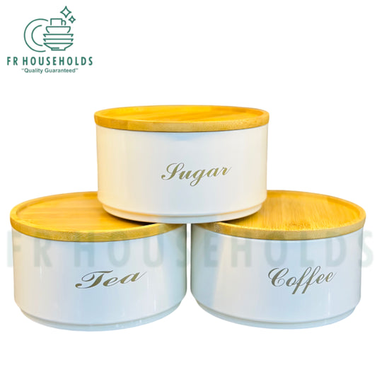 3pcs Airtight Tea , Coffee & Sugar Tin Canister With Real Bamboo Lid