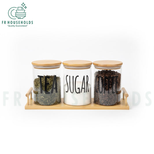 3pcs Airtight Round Glass Jars Set for Tea, Coffee & Sugar with Bamboo Lids and Stand - 1000g Jar