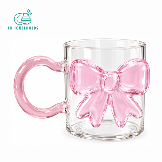 3D Pink Bow Glass Mug with Handle – Aesthetic Coffee Cup