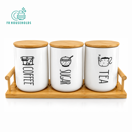 3-Piece Ceramic Tea, Coffee & Sugar Canister Set with Bamboo Lids & Wooden Tray