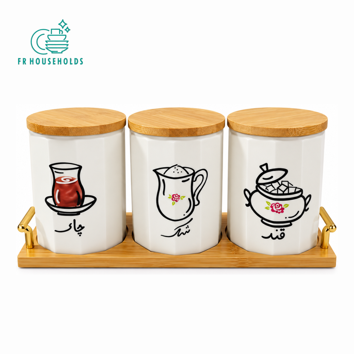 Tea Milk Sugar 3-Piece Ceramic Canister Set with Wooden Tray