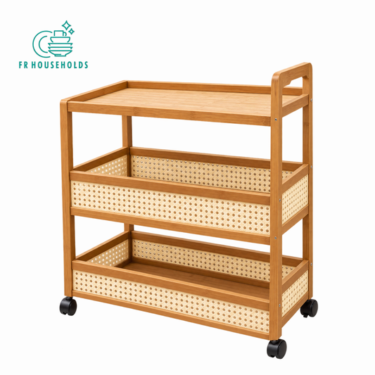 3-Tier Wooden Storage Trolley with Rattan Design & Wheels