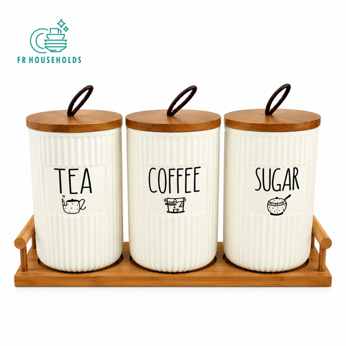 3 piece ceramic kitchen storage canister set with wooden lids and wooden tray