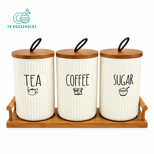3 piece ceramic kitchen storage canister set with wooden lids and wooden tray