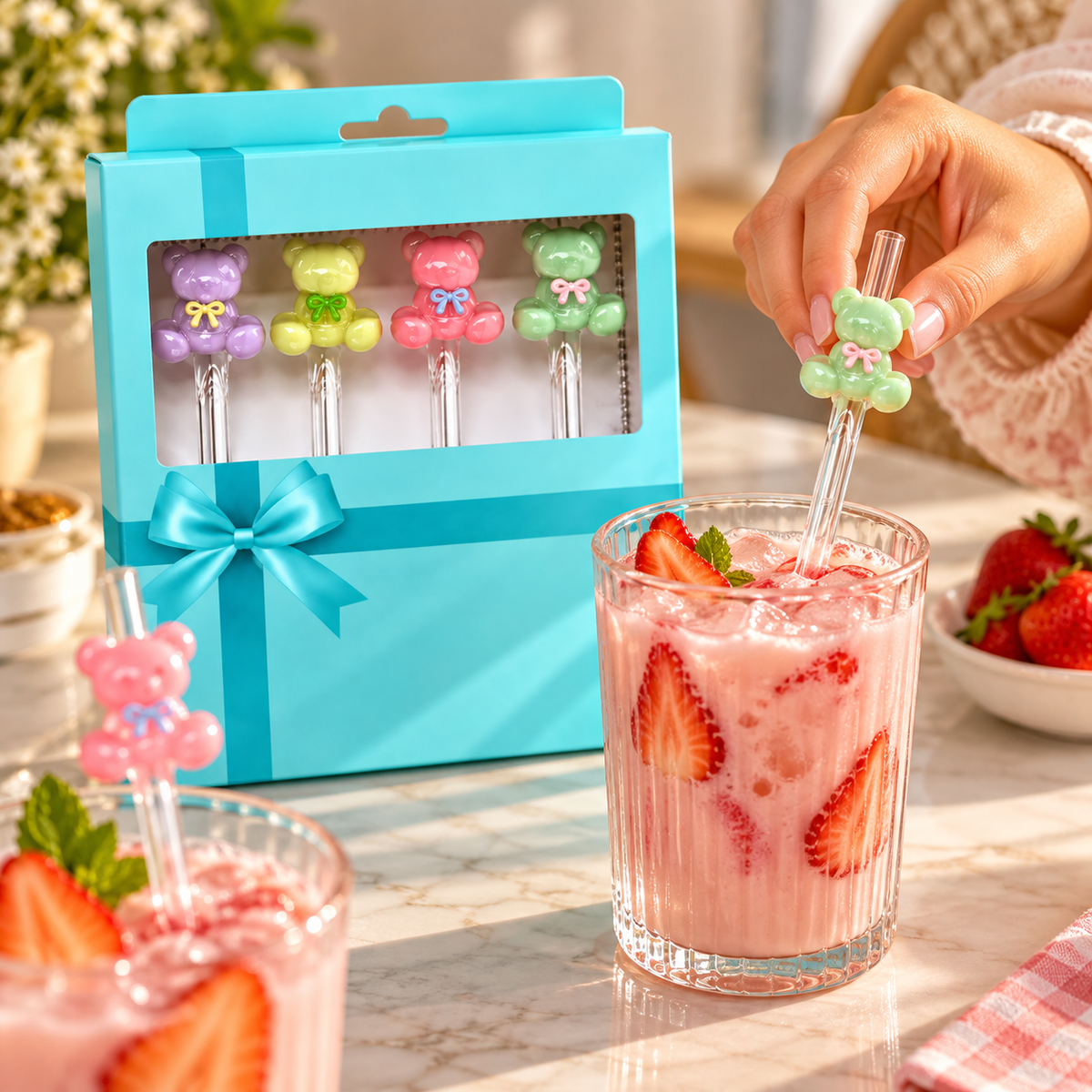 Cute Bear Drinking Straw Set – 4 Pcs with Gift Box