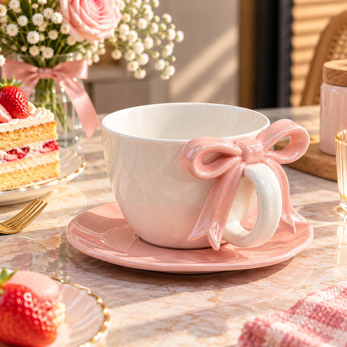 Bow Design Ceramic Tea Cup and Saucer – Available in Different Colours