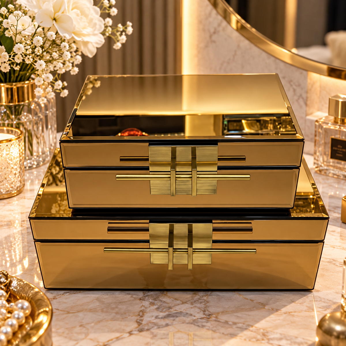 Gold Mirrored Jewellery Box with Geometric Metal Handle