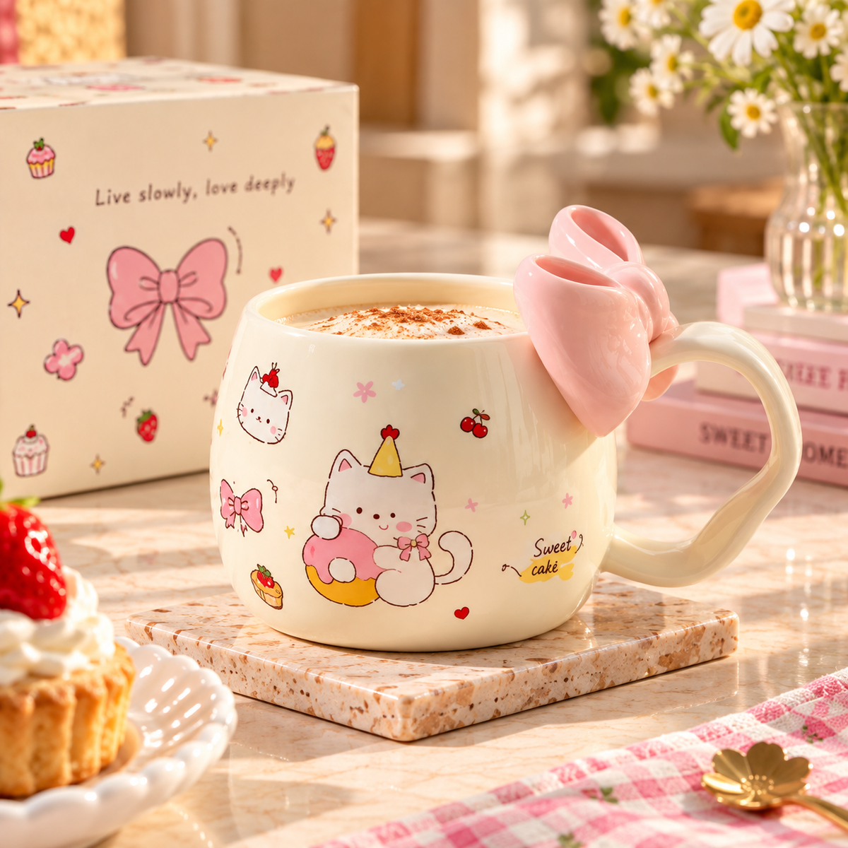 Cute Ceramic Coffee Mug with Bow Handle – Available in Different Colours