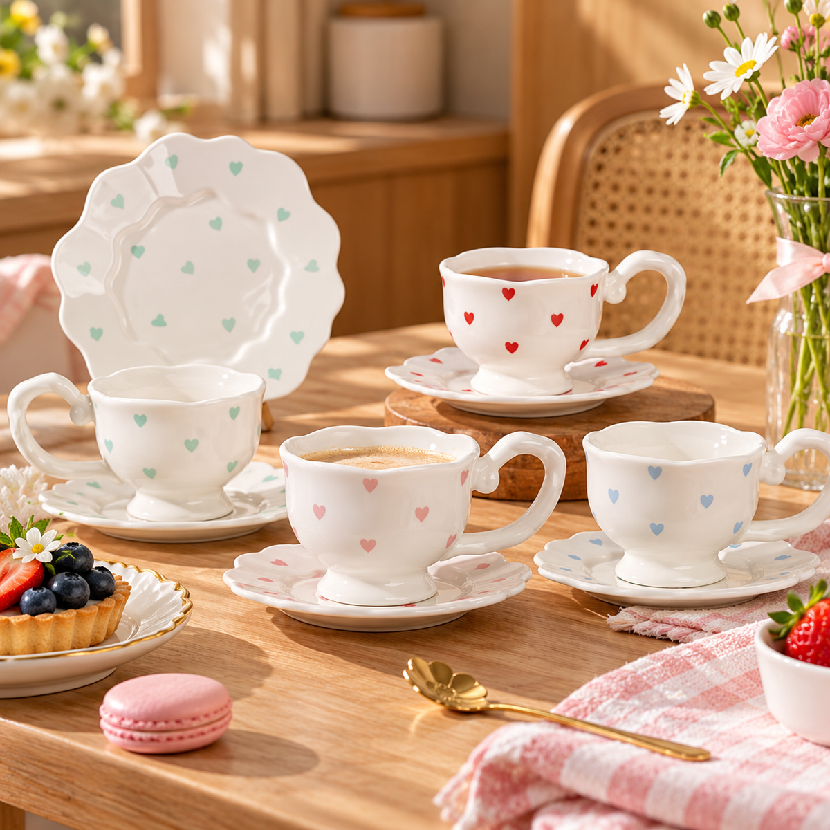 Heart Print Ceramic Tea Cup and Saucer – 250ml, Different Colours