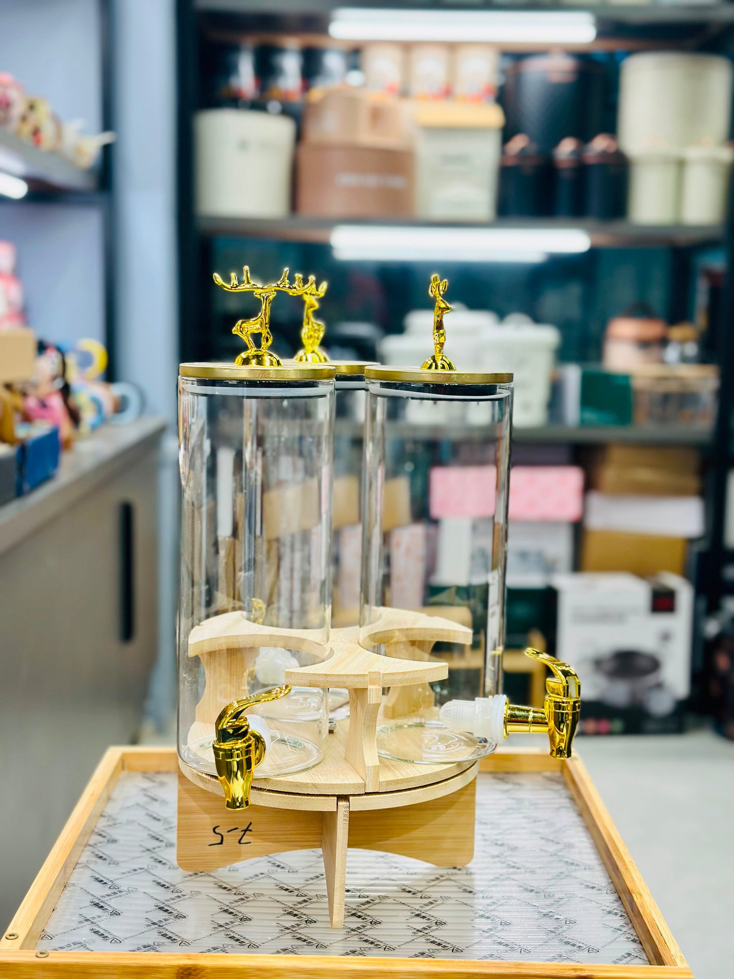 3-in-1 Revolving Glass Beverage Dispenser with Wooden Stand & Gold Faucets | FR HOUSEHOLDS