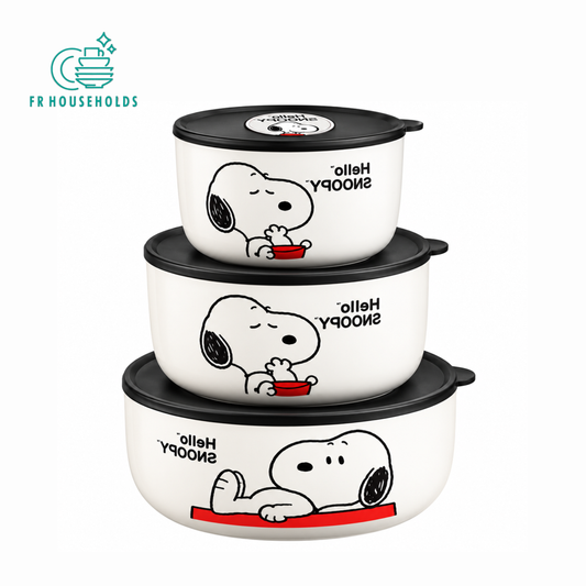 Snoopy 3 Pieces Ceramic Storage Bowl Set with Airtight Lids