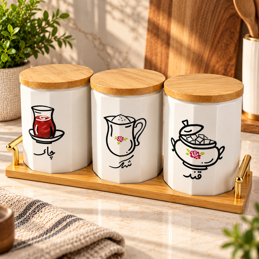 Tea Milk Sugar 3-Piece Ceramic Canister Set with Wooden Tray