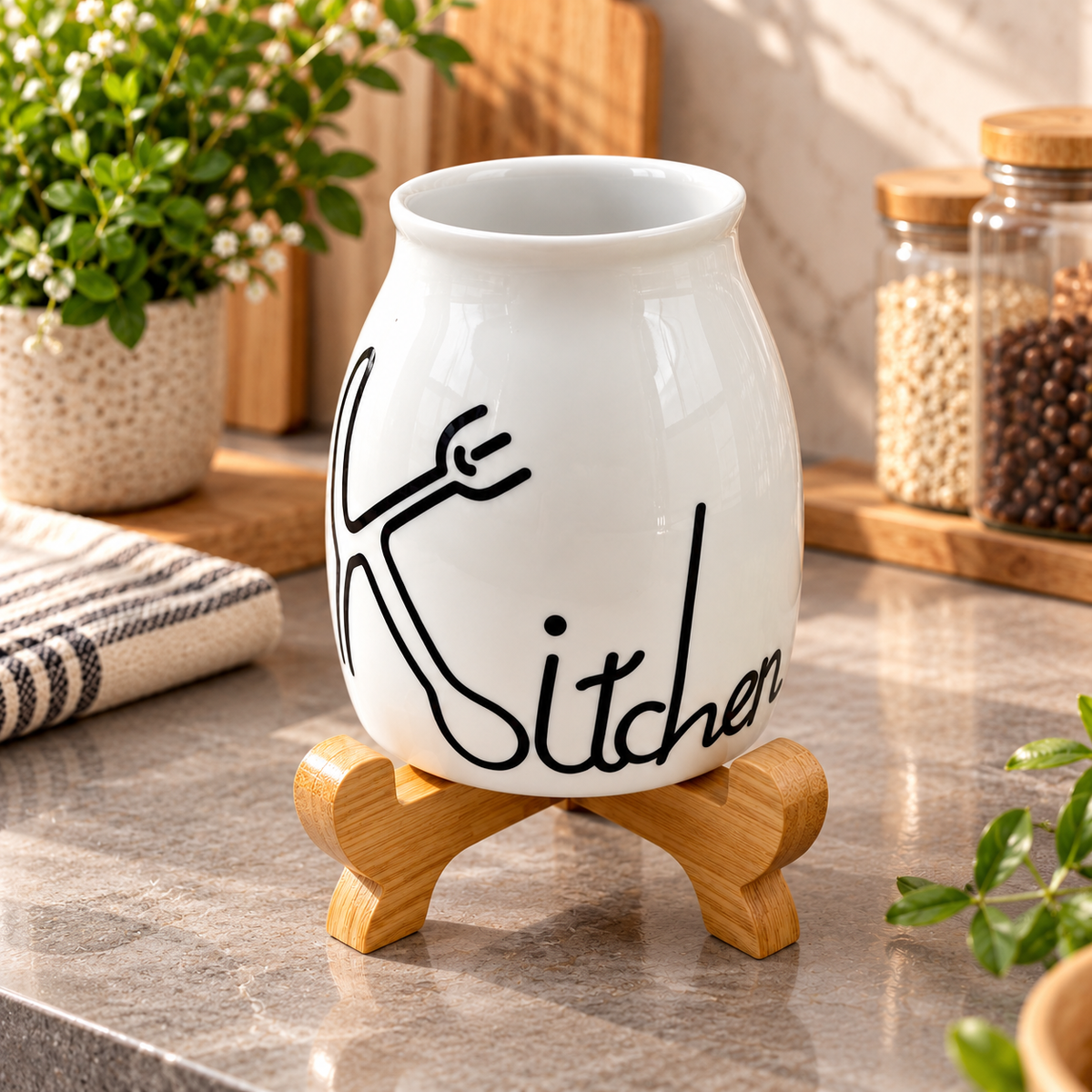 Ceramic Kitchen Utensil Holder with Wooden Stand