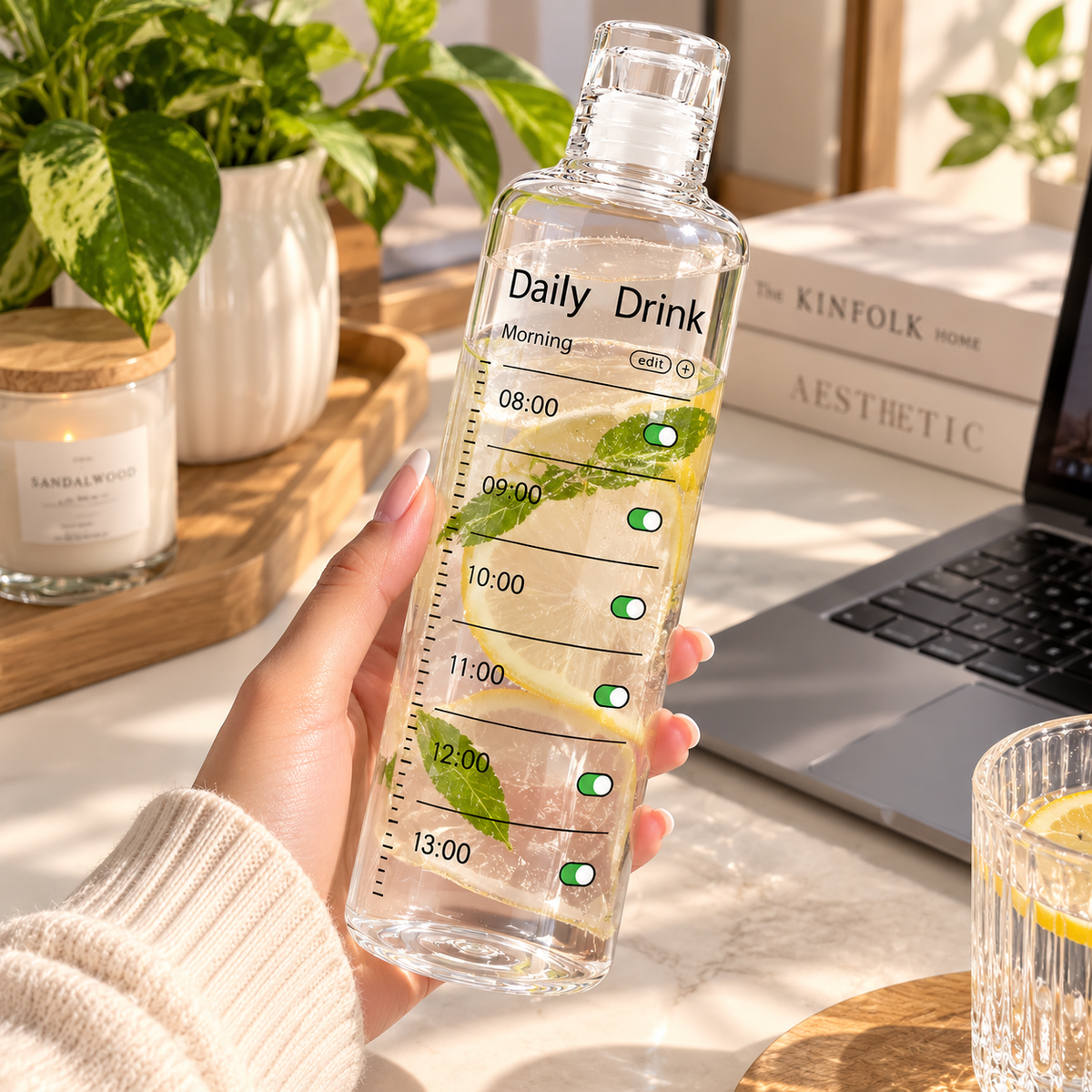 Daily Drink Time Marker | Glass Water Bottle – Hydration Reminder