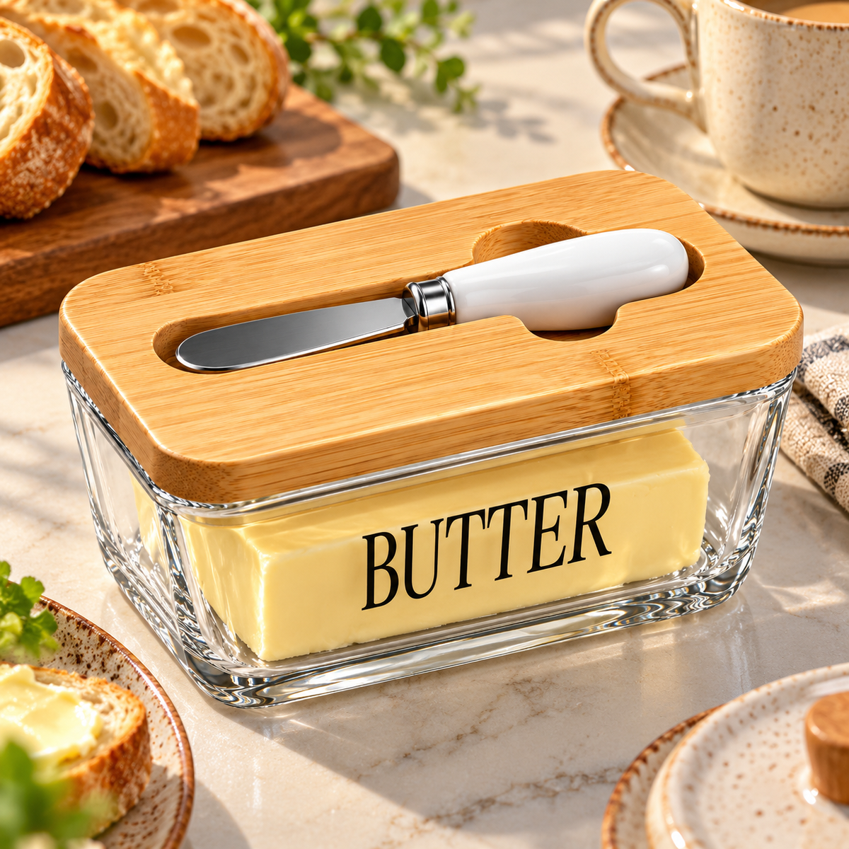 Glass Butter Dish with Wooden Lid and Knife