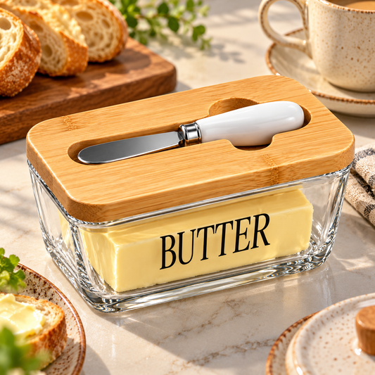 Glass Butter Dish with Wooden Lid and Knife