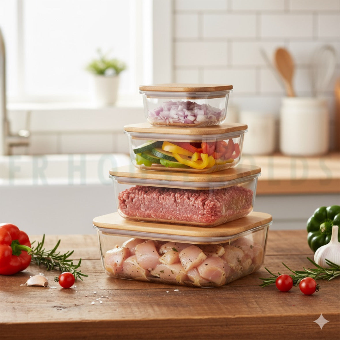 Square Glass Storage Box Set with Organic Bamboo Lids – 4-Piece Airtight Food Containers