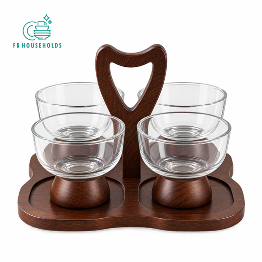 4 Bowl Glass Snack Serving Tray with Wooden Heart-Shaped Handle