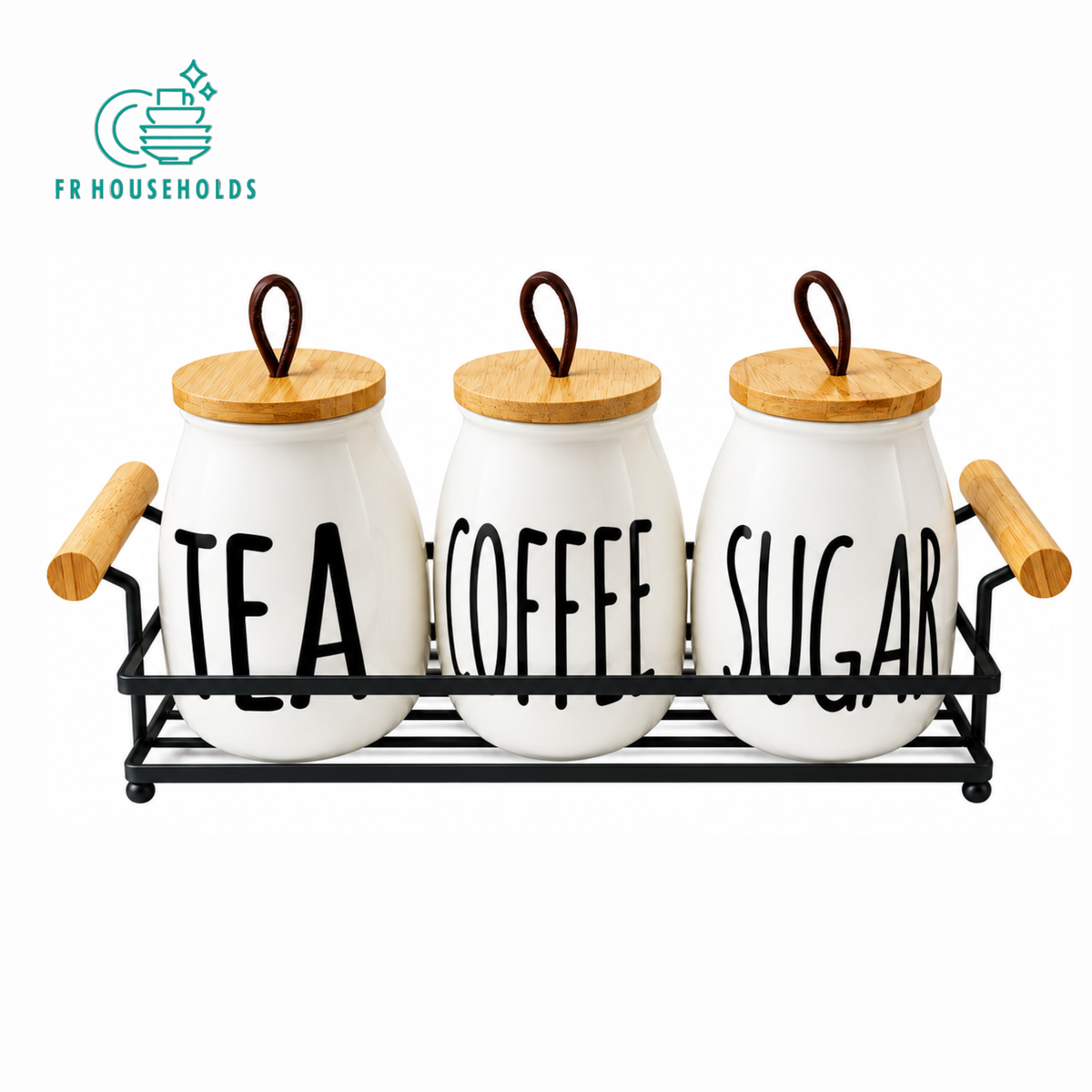 3 Pieces Tea Coffee Sugar Storage Set with Black Metal Tray